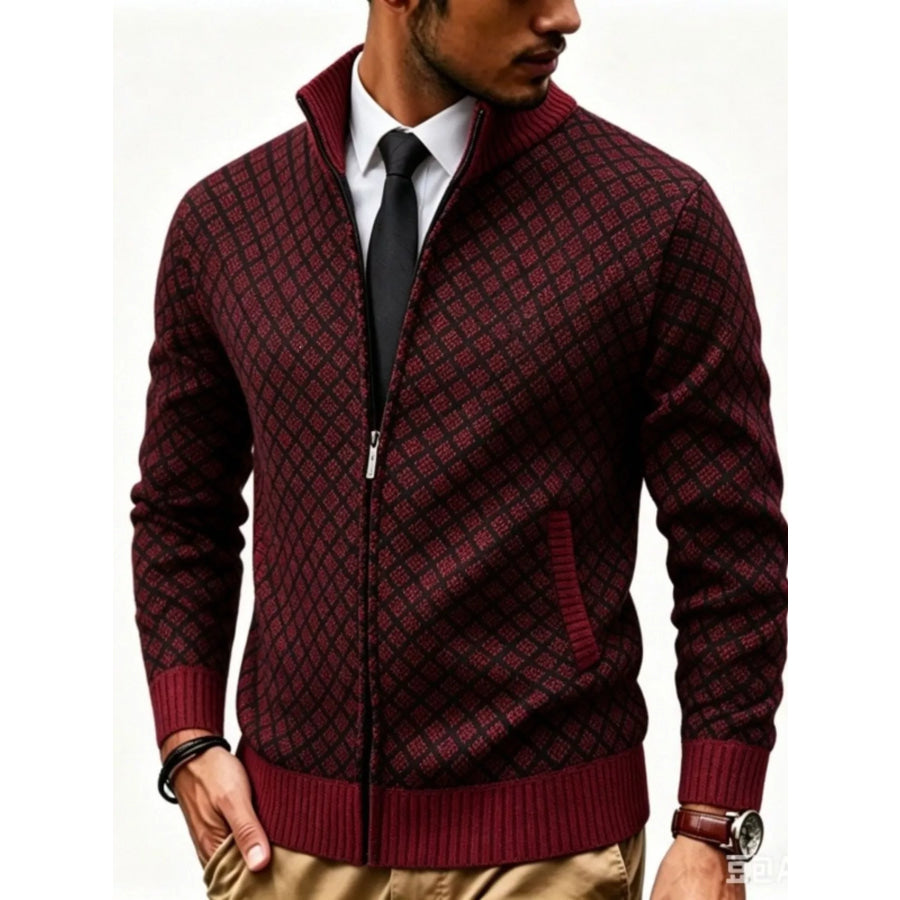 Men’s Plus Size Geometric Patterned Full-Zip Cardigan Burgundy / M Apparel and Accessories