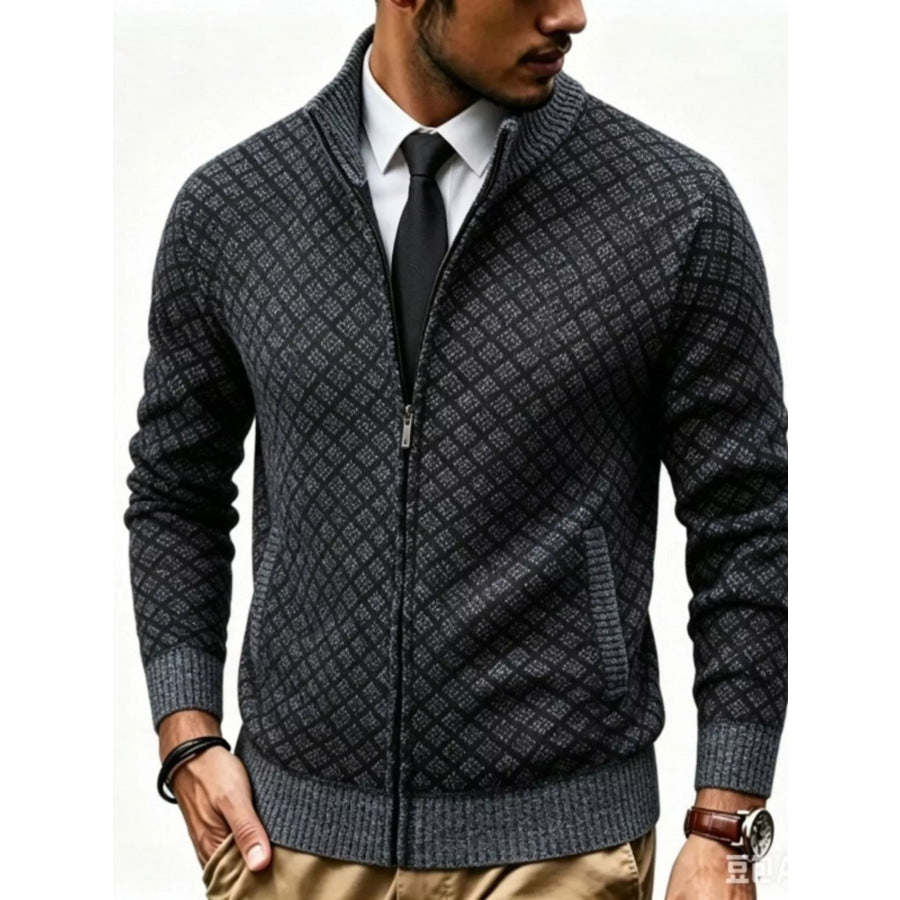 Men’s Plus Size Geometric Patterned Full-Zip Cardigan Dark Gray / M Apparel and Accessories