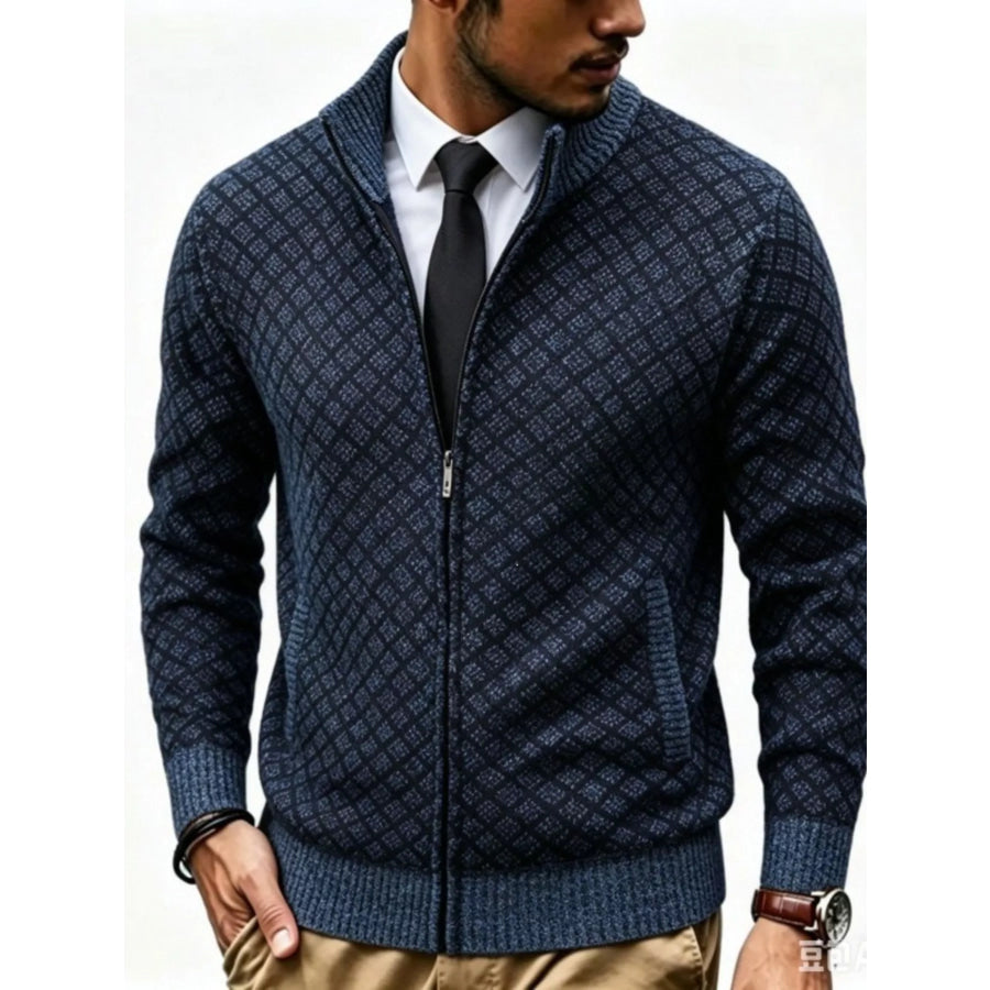 Men’s Plus Size Geometric Patterned Full-Zip Cardigan Dark Navy / M Apparel and Accessories