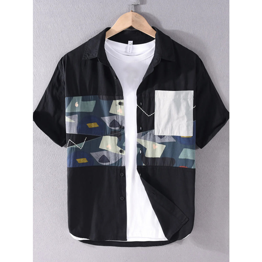 Men’s Plus Size Geometric Print Short Sleeve Casual Shirt Black / M Apparel and Accessories