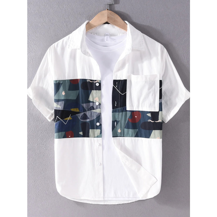 Men’s Plus Size Geometric Print Short Sleeve Casual Shirt White / M Apparel and Accessories