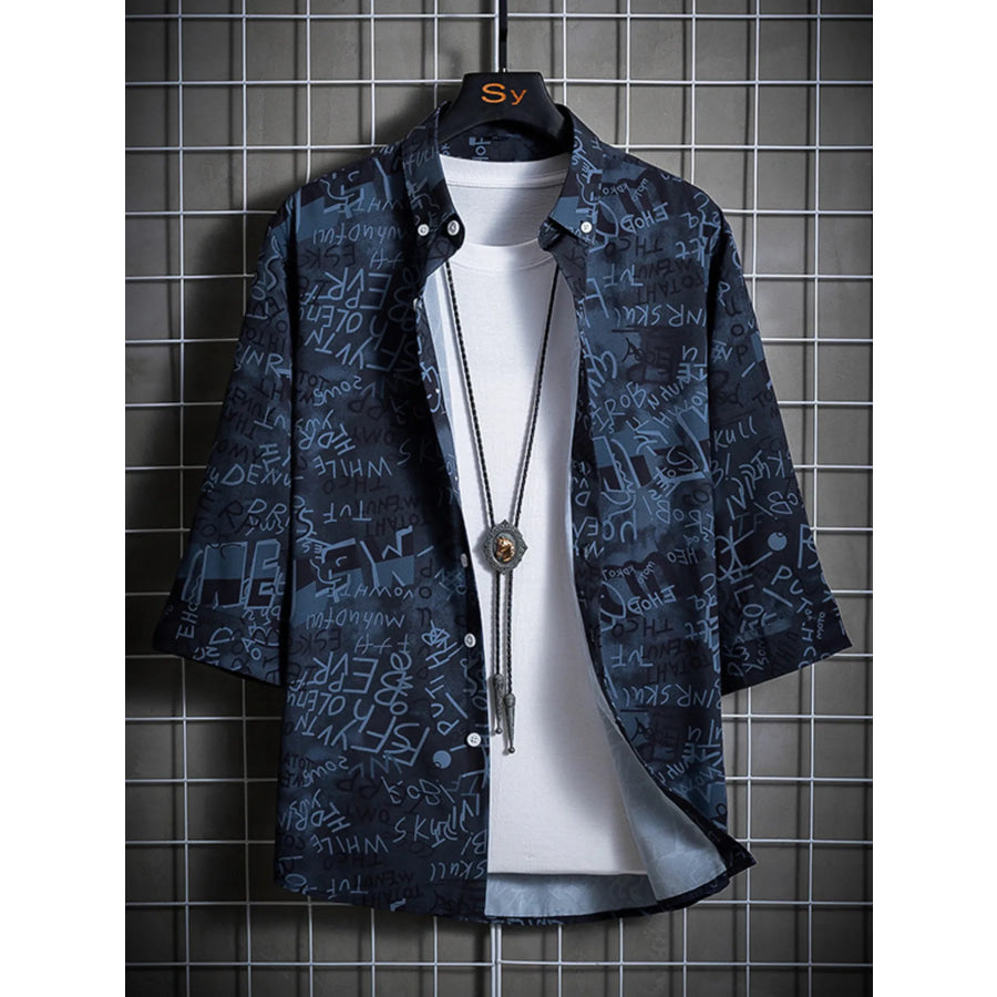 Men’s Plus Size Graffiti Print Casual Shirt Peacock Blue / M Apparel and Accessories
