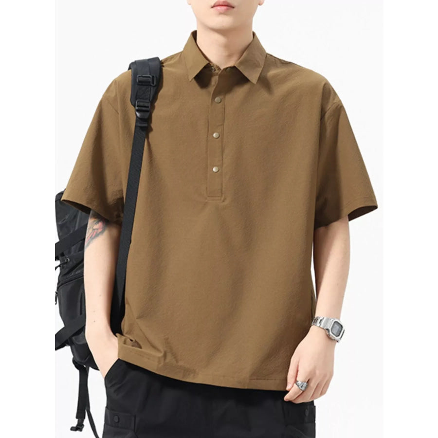 Men’s Plus Size Half Button Loose Fit Short Sleeve Polo Coffee Color / M Apparel and Accessories