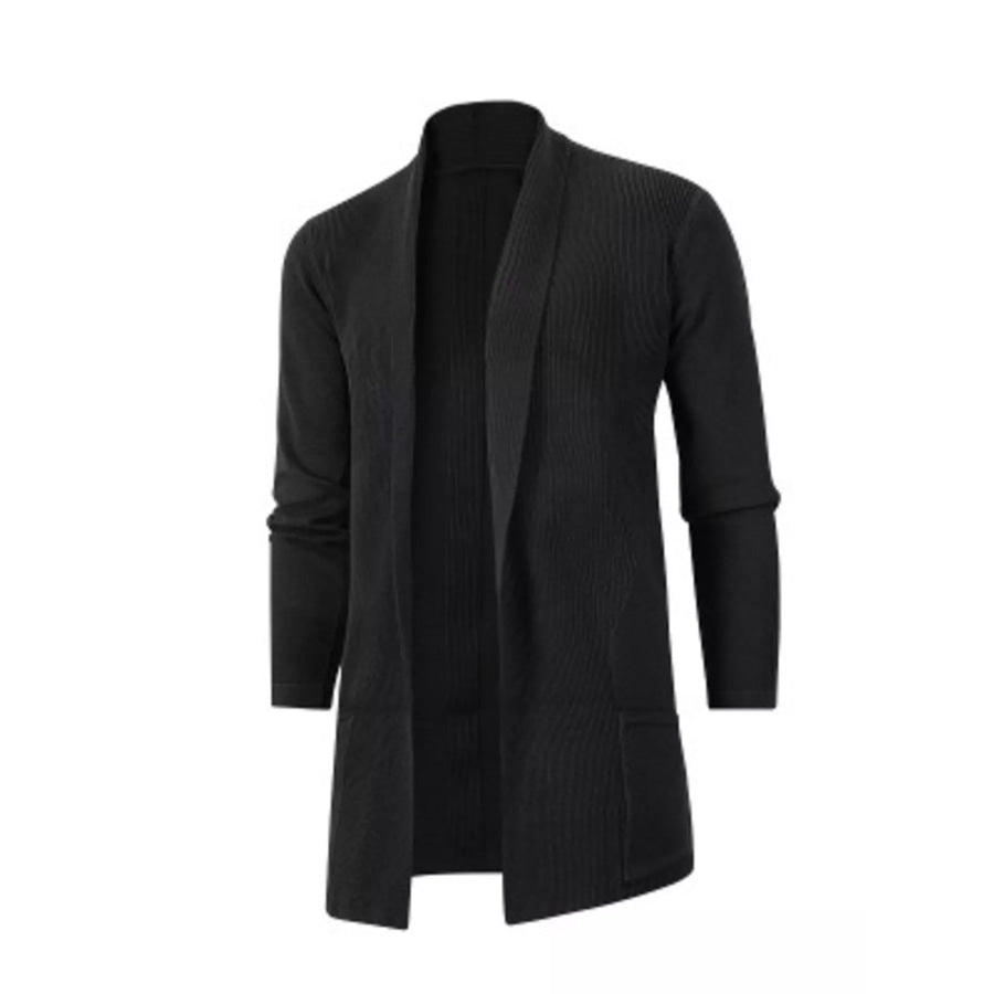 Men’s Plus Size Heathered Open Front Longline Knit Cardigan with Pockets Black / M Apparel and Accessories