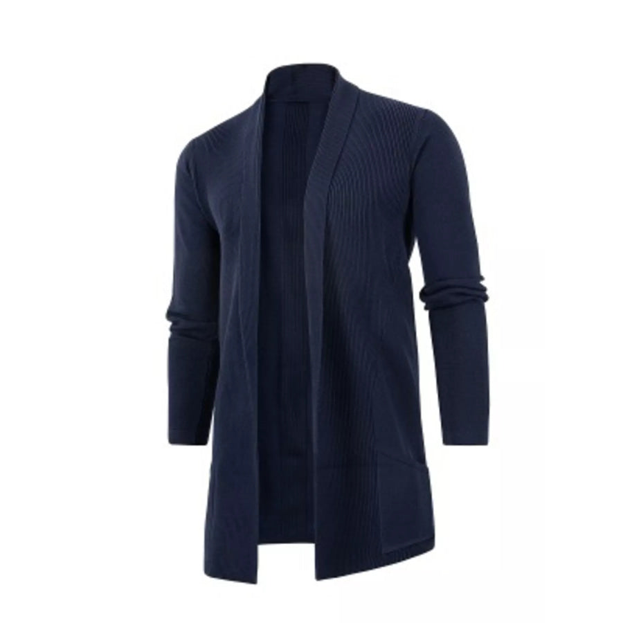 Men’s Plus Size Heathered Open Front Longline Knit Cardigan with Pockets Navy Blue / M Apparel and Accessories