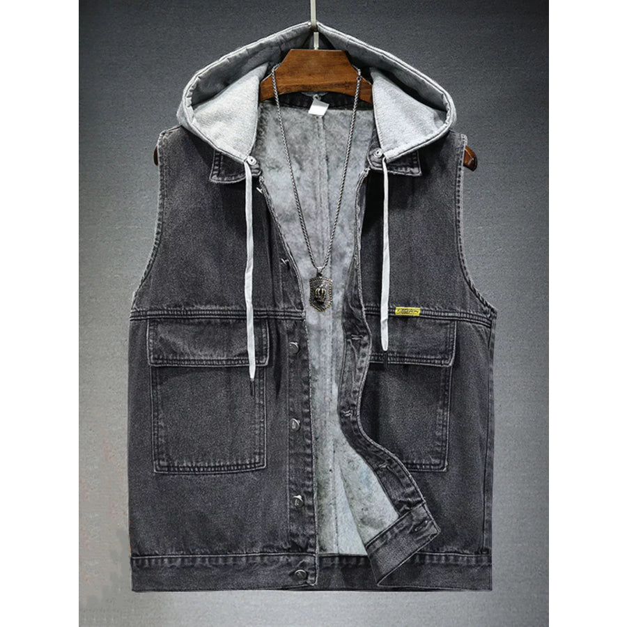 Men’s Plus Size Hooded Denim Vest with Fleece Lining Black / M Apparel and Accessories