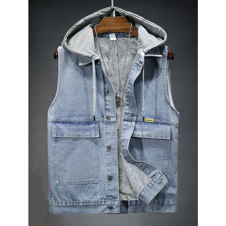 Men’s Plus Size Hooded Denim Vest with Fleece Lining Light / M Apparel and Accessories