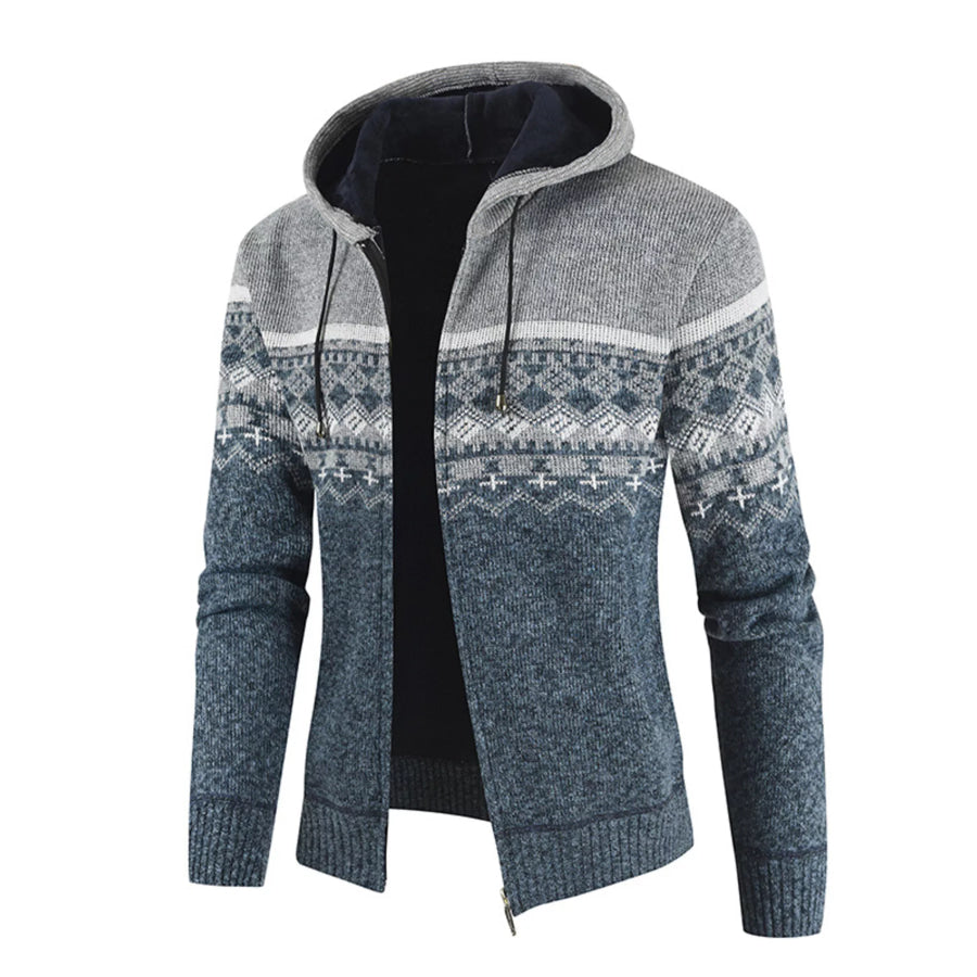 Men’s Plus Size Hooded Fair Isle Pattern Knit Cardigan Light Gray / M Apparel and Accessories