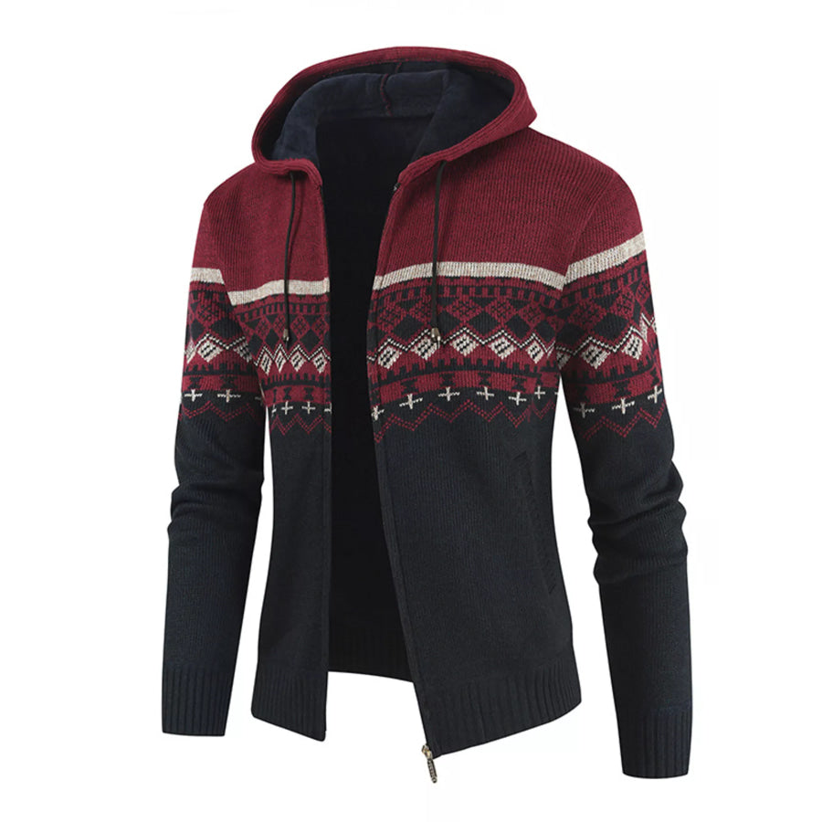 Men’s Plus Size Hooded Fair Isle Pattern Knit Cardigan Red / M Apparel and Accessories