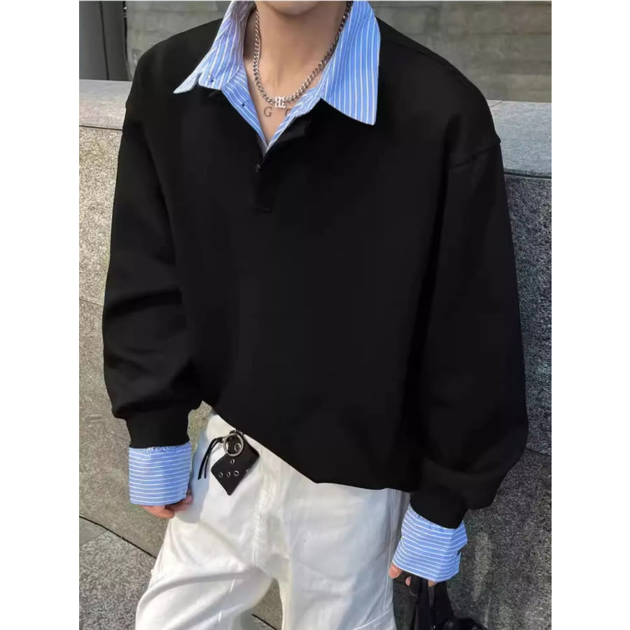Men’s Plus Size Layered Look Striped Collar and Cuffs Long Sleeve Sweatshirt Apparel Accessories