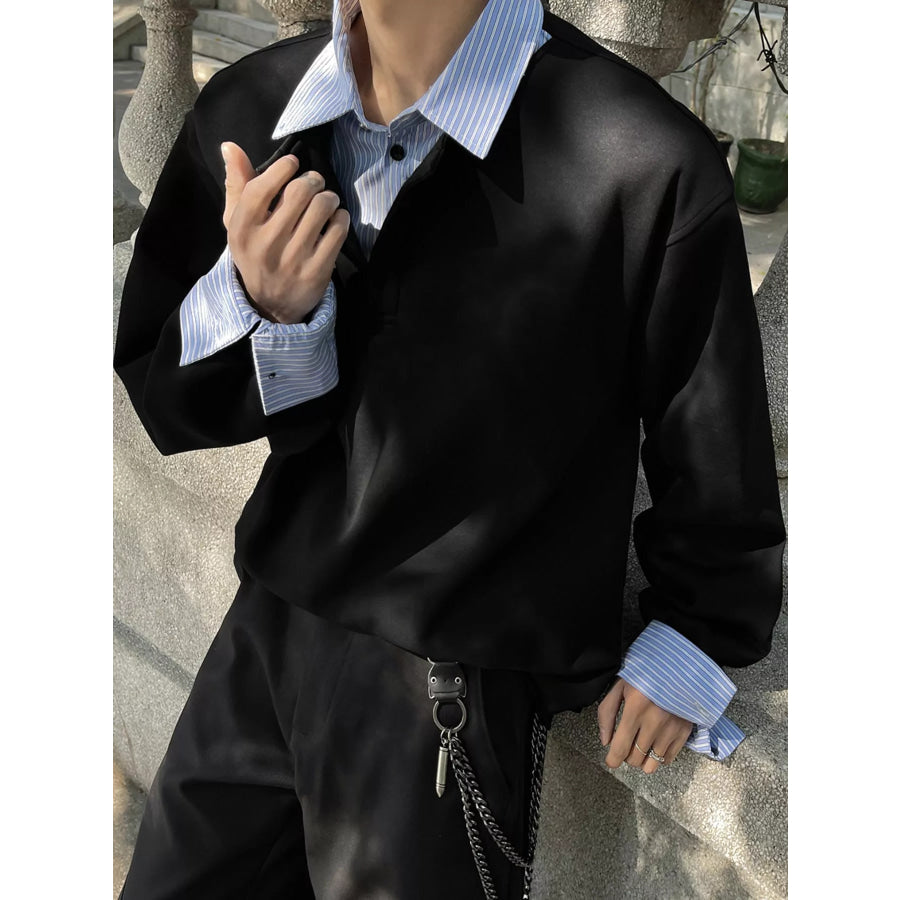 Men’s Plus Size Layered Look Striped Collar and Cuffs Long Sleeve Sweatshirt Black / M Apparel Accessories