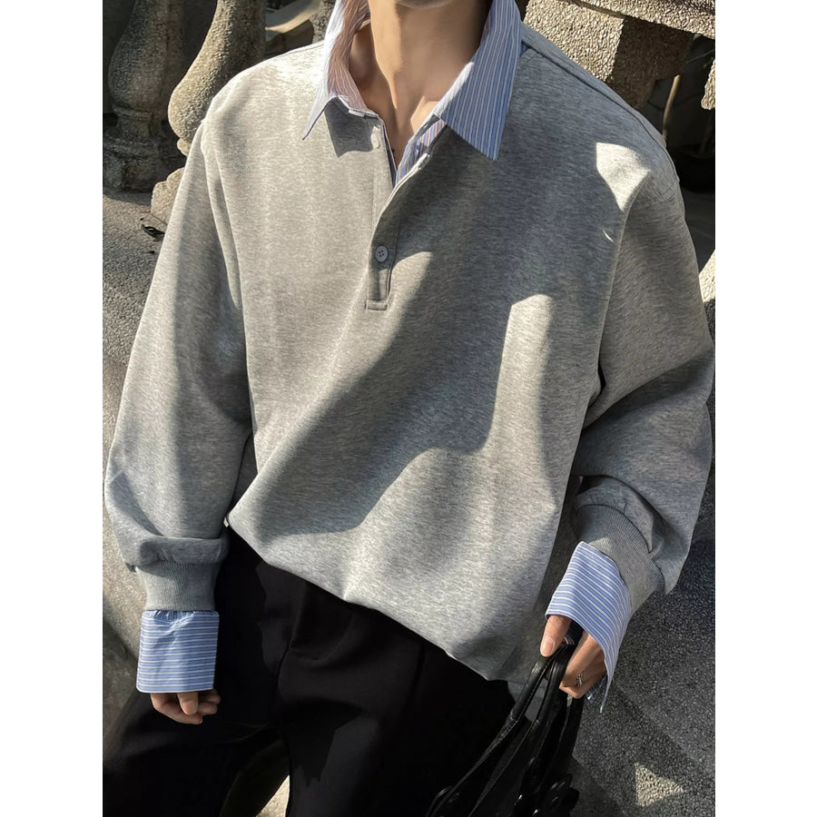 Men’s Plus Size Layered Look Striped Collar and Cuffs Long Sleeve Sweatshirt Gray / M Apparel Accessories