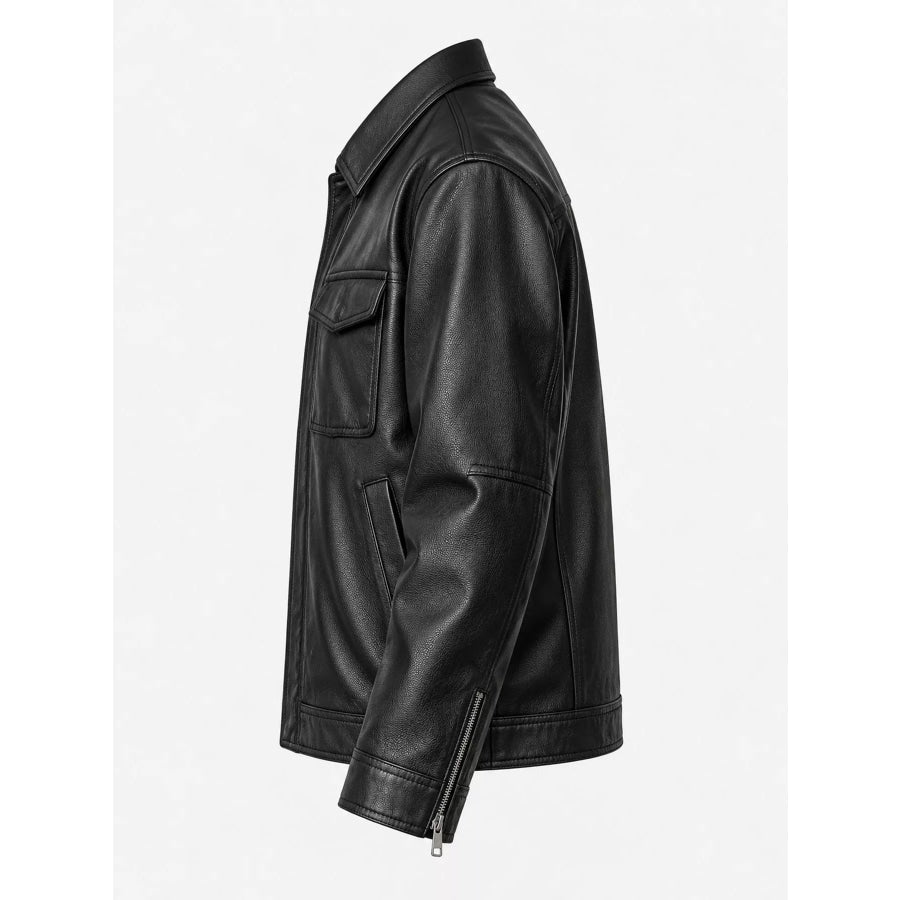 Men’s Plus Size Leather Jacket with Flap Pockets Black-Vintage Amekaji Leatherwear-Lightweight / M Apparel and Accessories