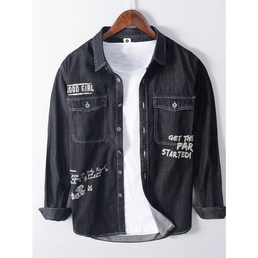 Men’s Plus Size Letter Graphic Denim Shirt Black / M Apparel and Accessories