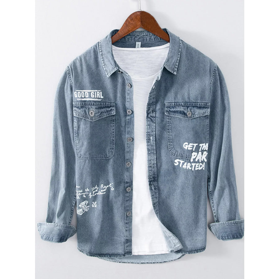 Men’s Plus Size Letter Graphic Denim Shirt Light Blue / M Apparel and Accessories