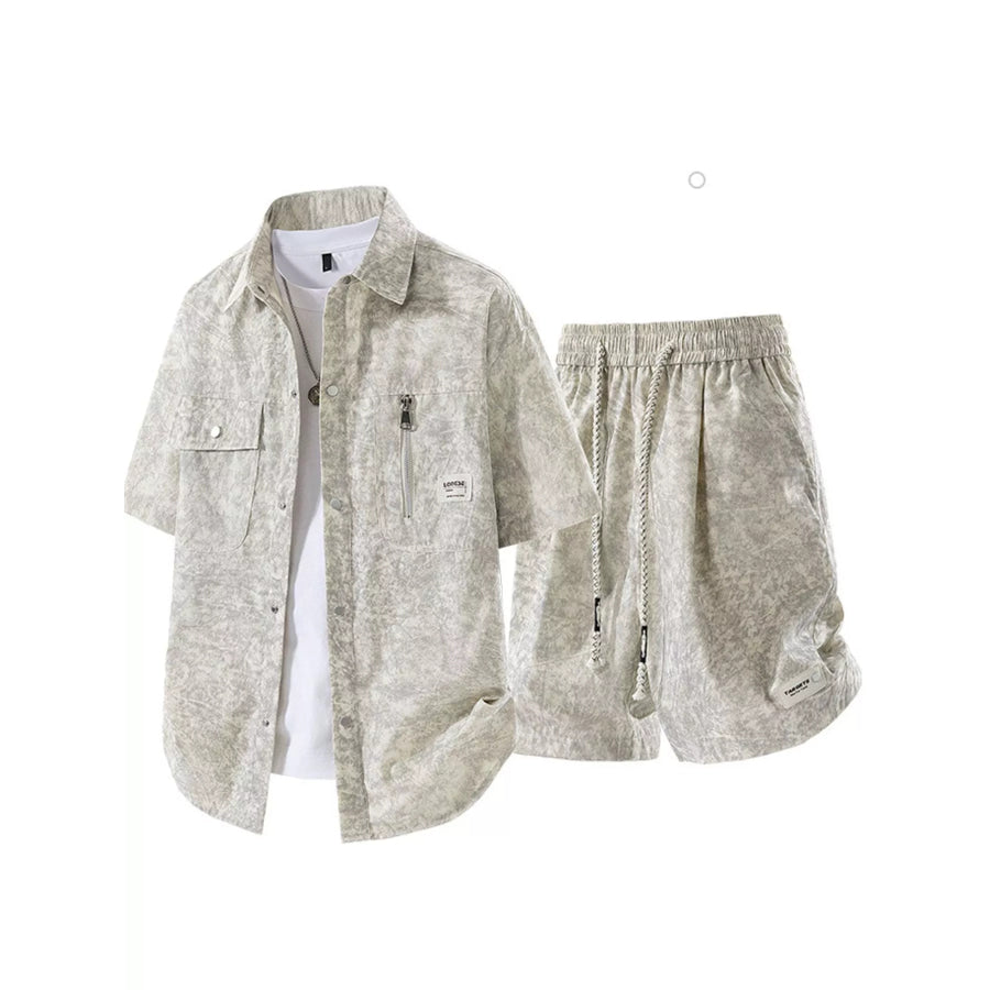 Men’s Plus Size Lightweight Textured Short Sleeve Shirt and Shorts Set Beige / M Apparel and Accessories