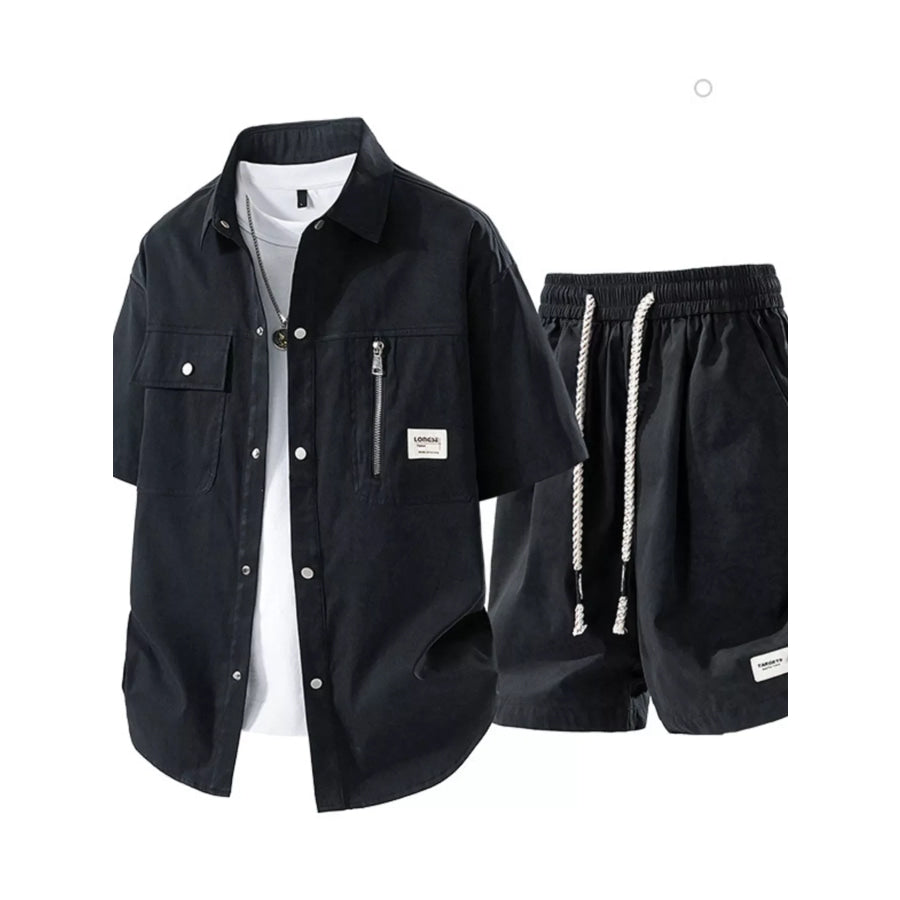 Men’s Plus Size Lightweight Textured Short Sleeve Shirt and Shorts Set Black / M Apparel and Accessories