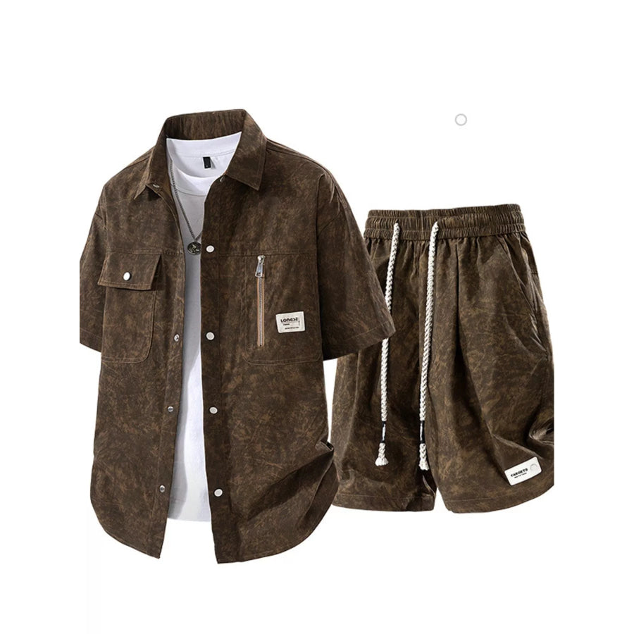 Men’s Plus Size Lightweight Textured Short Sleeve Shirt and Shorts Set Coffee Brown / M Apparel and Accessories