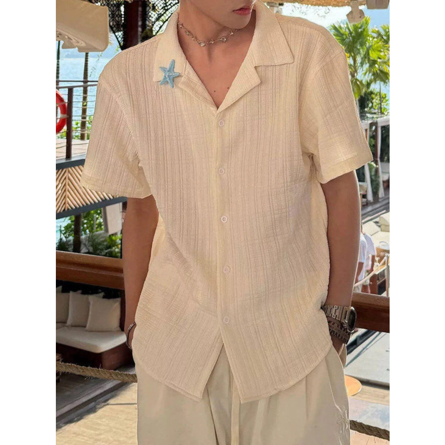 Men’s Plus Size Lightweight Textured Short-Sleeve Shirt with Starfish Brooch Apricot / M Apparel and Accessories