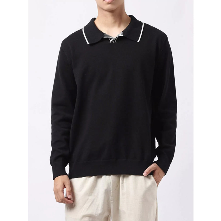 Men’s Plus Size Long-Sleeve Contrast Trim Polo Black / M Apparel and Accessories