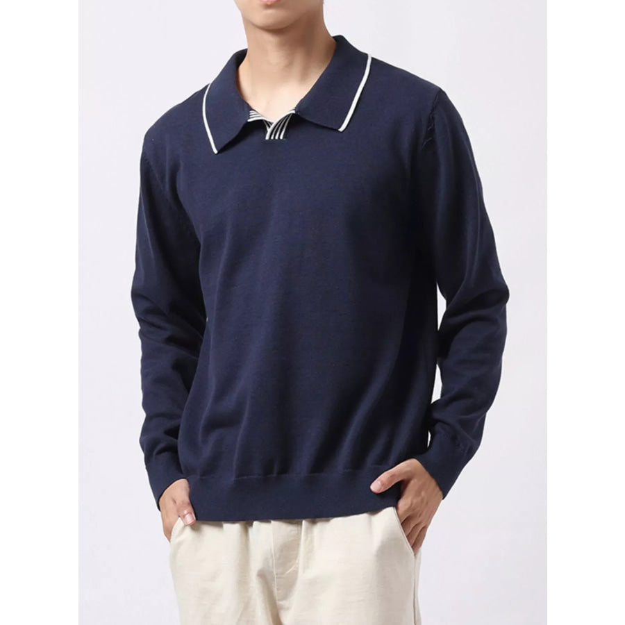 Men’s Plus Size Long-Sleeve Contrast Trim Polo Royal Blue / M Apparel and Accessories