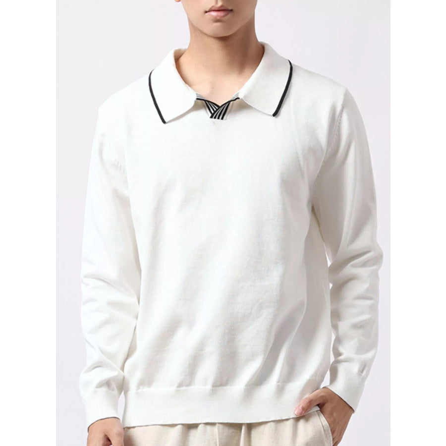 Men’s Plus Size Long-Sleeve Contrast Trim Polo White / M Apparel and Accessories