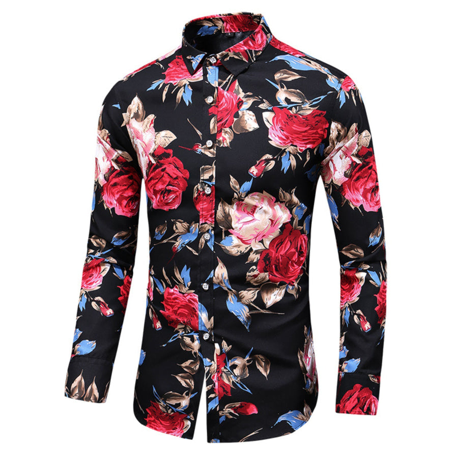 Men’s Plus Size Long Sleeve Floral Print Button-Down Shirt Black / M Apparel and Accessories