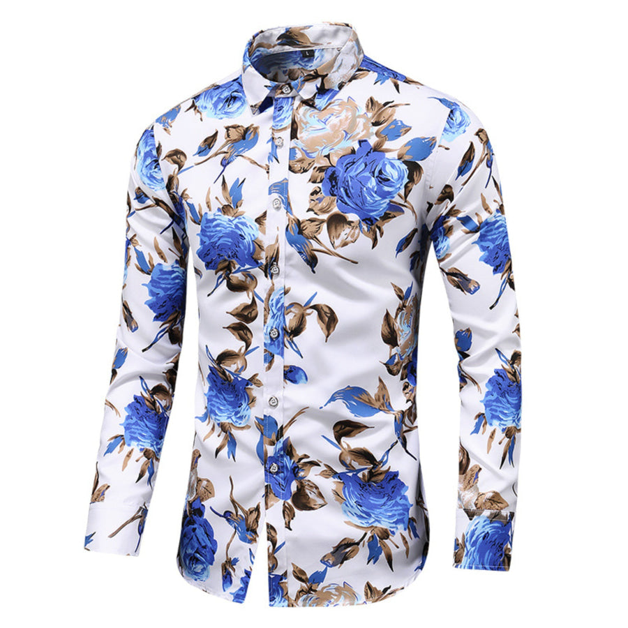 Men’s Plus Size Long Sleeve Floral Print Button-Down Shirt Blue / M Apparel and Accessories