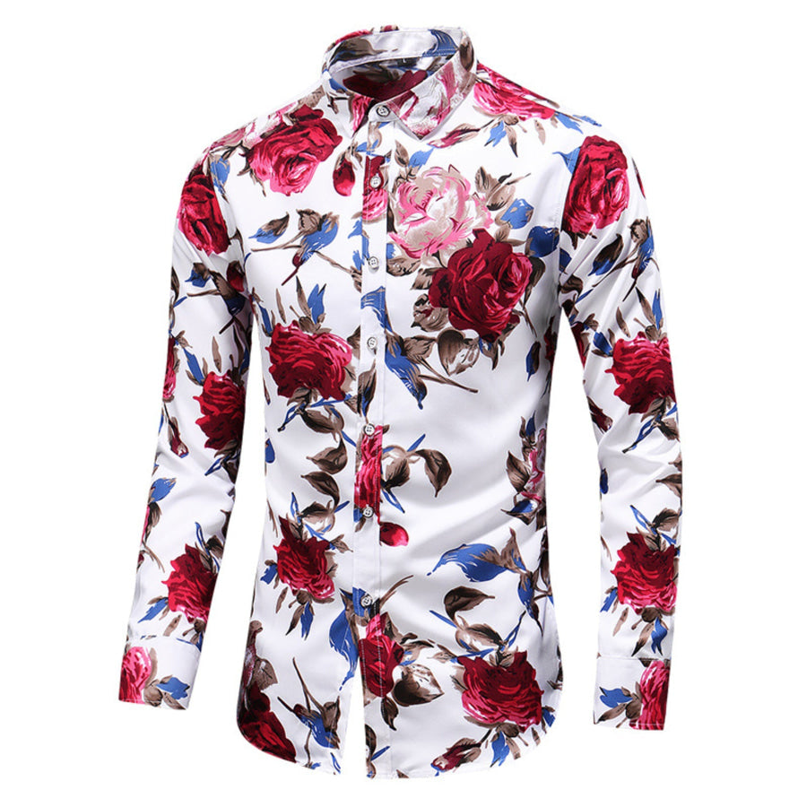 Men’s Plus Size Long Sleeve Floral Print Button-Down Shirt Scarlet / M Apparel and Accessories