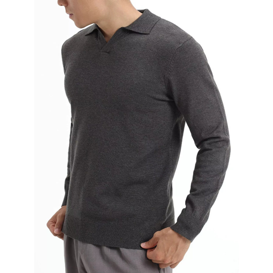 Men’s Plus Size Long Sleeve Polo Collar Knit Top Dark Gray / M Apparel and Accessories