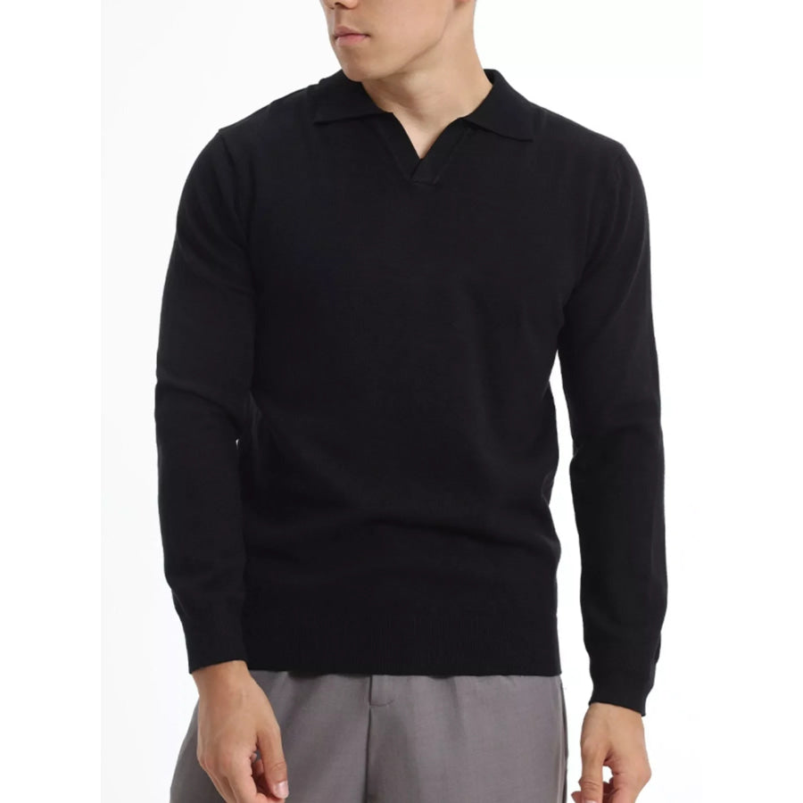 Men’s Plus Size Long Sleeve Polo Collar Knit Top Black / M Apparel and Accessories