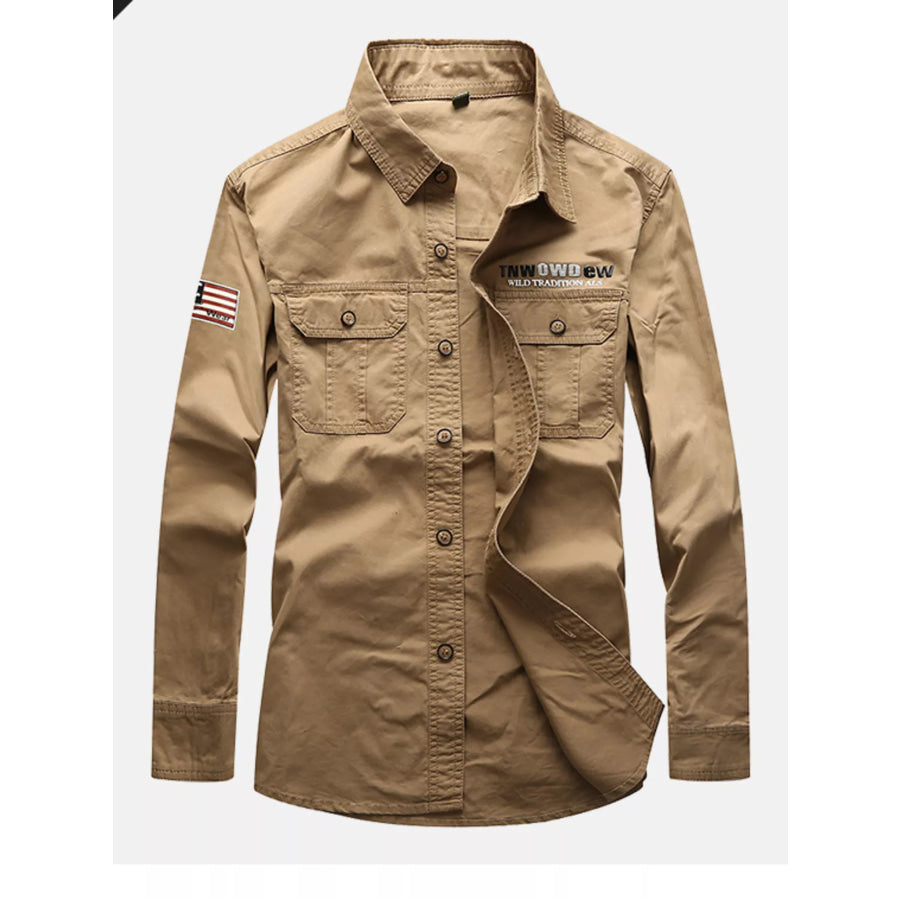 Men’s Plus Size Long Sleeve Shirt with Chest Pockets Khaki / M Apparel and Accessories