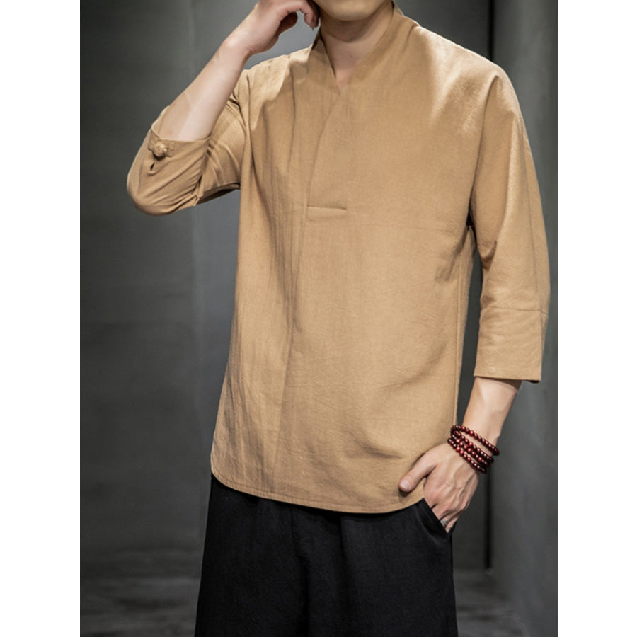 Men’s Plus Size Loose Fit 3/4 Sleeve Shirt Tan / M Apparel and Accessories