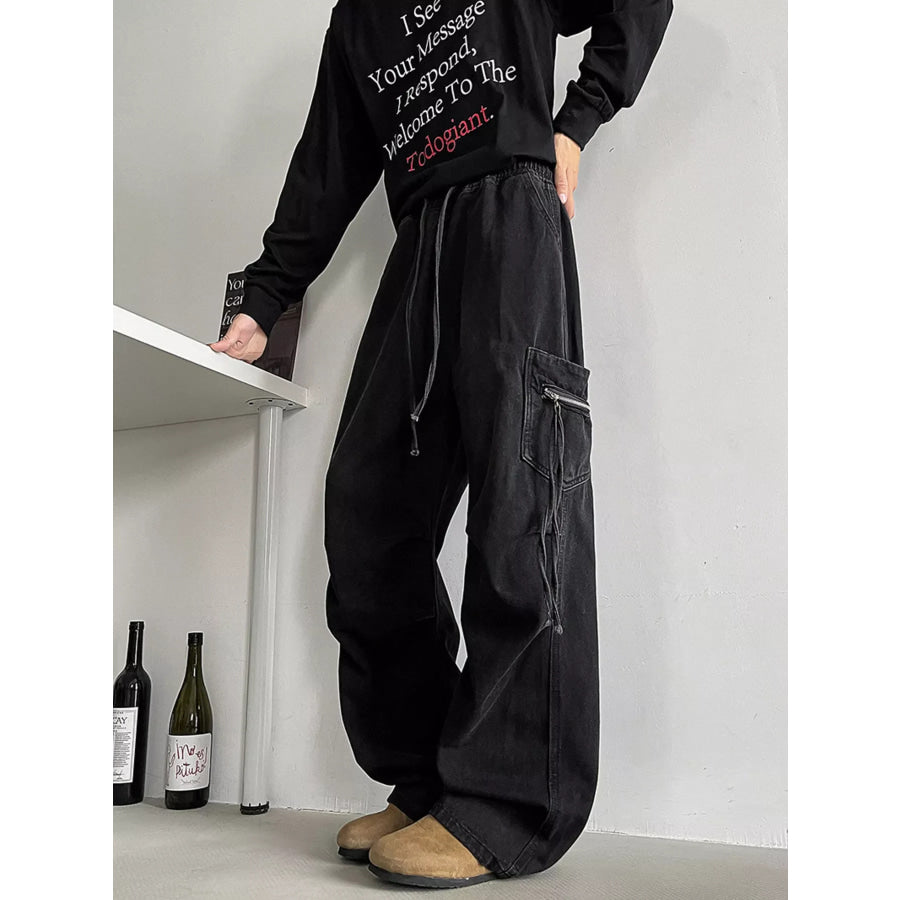 Men’s Plus Size Loose Fit Cargo Jeans with Drawstring Black / M Apparel and Accessories