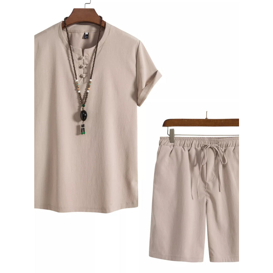 Men’s Plus Size Mandarin Collar Short Sleeve Shirt and Shorts Set Beige White / M Apparel and Accessories