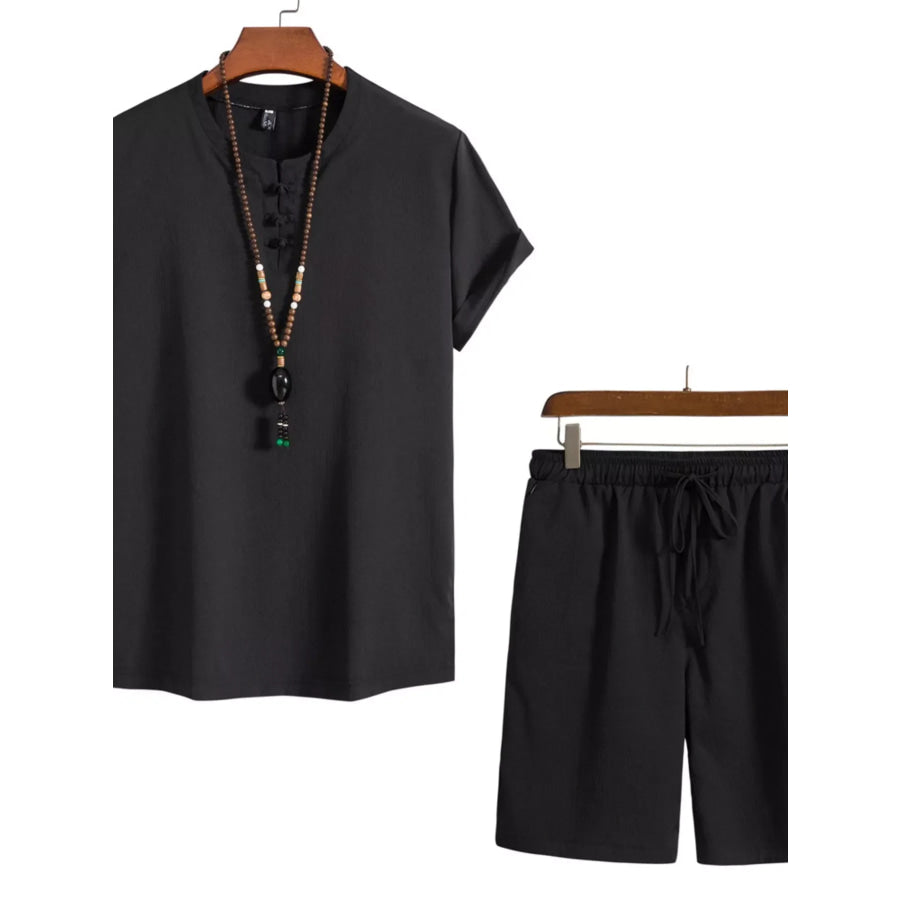 Men’s Plus Size Mandarin Collar Short Sleeve Shirt and Shorts Set Black / M Apparel and Accessories