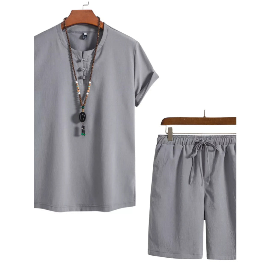 Men’s Plus Size Mandarin Collar Short Sleeve Shirt and Shorts Set Grey / M Apparel and Accessories