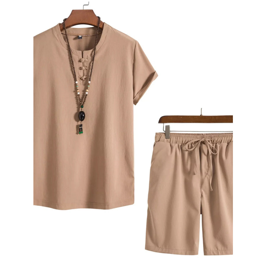 Men’s Plus Size Mandarin Collar Short Sleeve Shirt and Shorts Set Khaki / M Apparel and Accessories