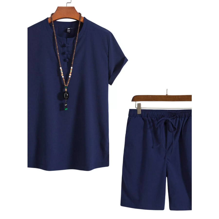 Men’s Plus Size Mandarin Collar Short Sleeve Shirt and Shorts Set Navy / M Apparel and Accessories