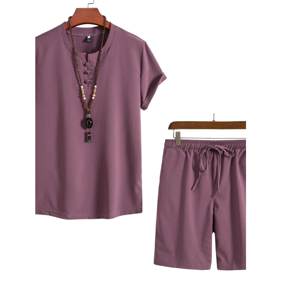 Men’s Plus Size Mandarin Collar Short Sleeve Shirt and Shorts Set Plum Purple / M Apparel and Accessories
