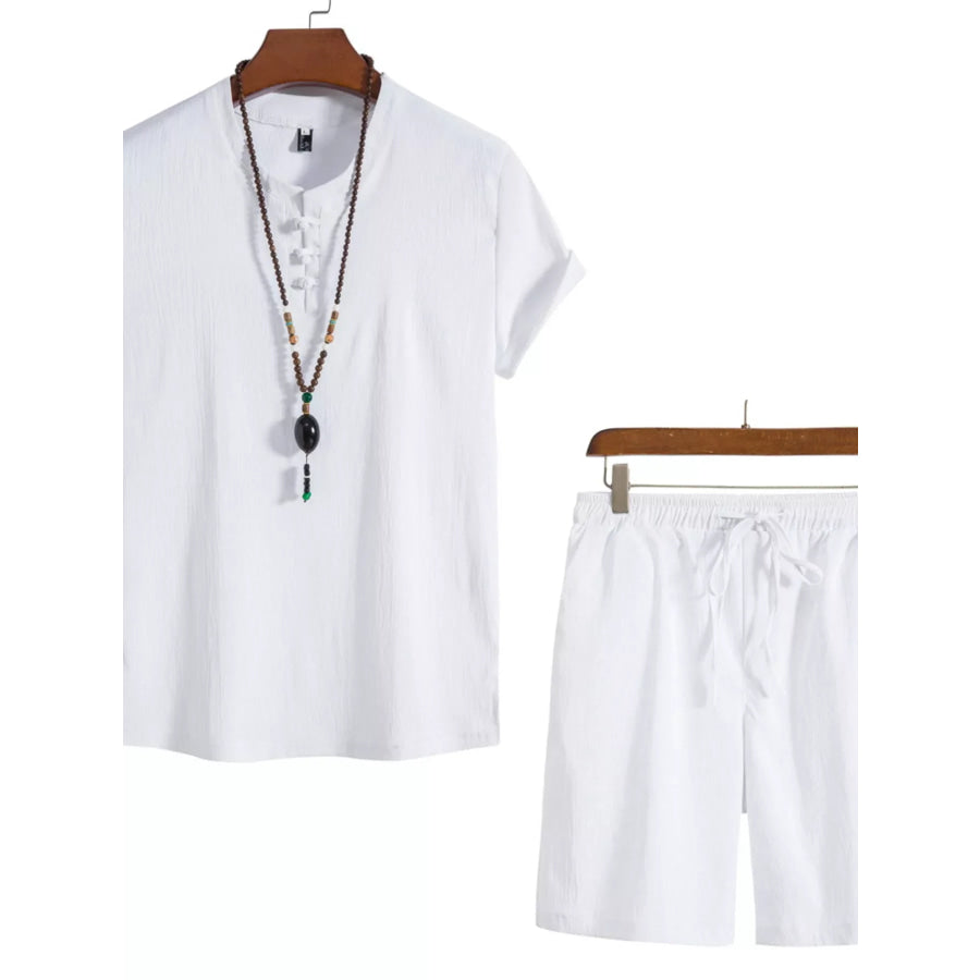 Men’s Plus Size Mandarin Collar Short Sleeve Shirt and Shorts Set White / M Apparel and Accessories