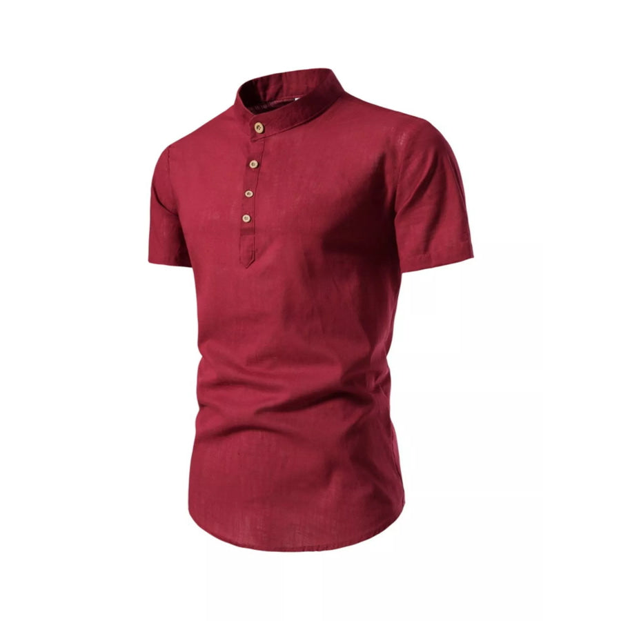 Men’s Plus Size Mandarin Collar Short Sleeve Shirt Burgundy / M Apparel and Accessories