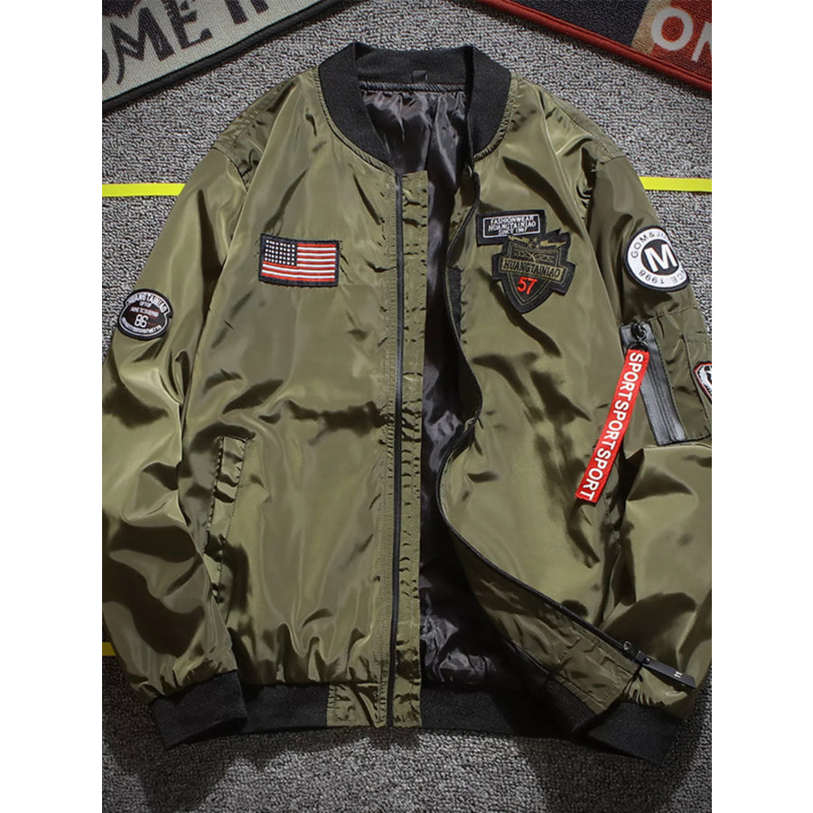 Men’s Plus Size Military-Inspired Patched Bomber Jacket Army Green / M Apparel and Accessories