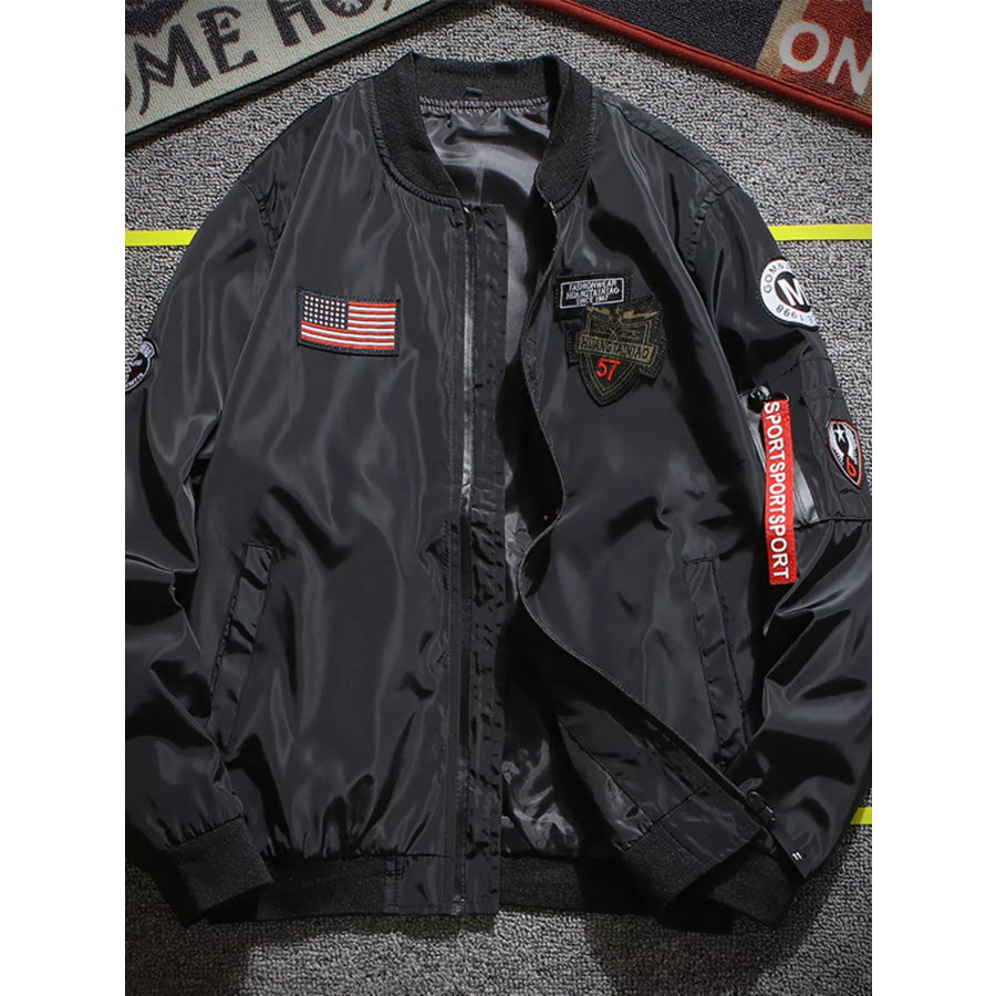 Men’s Plus Size Military-Inspired Patched Bomber Jacket Black / M Apparel and Accessories