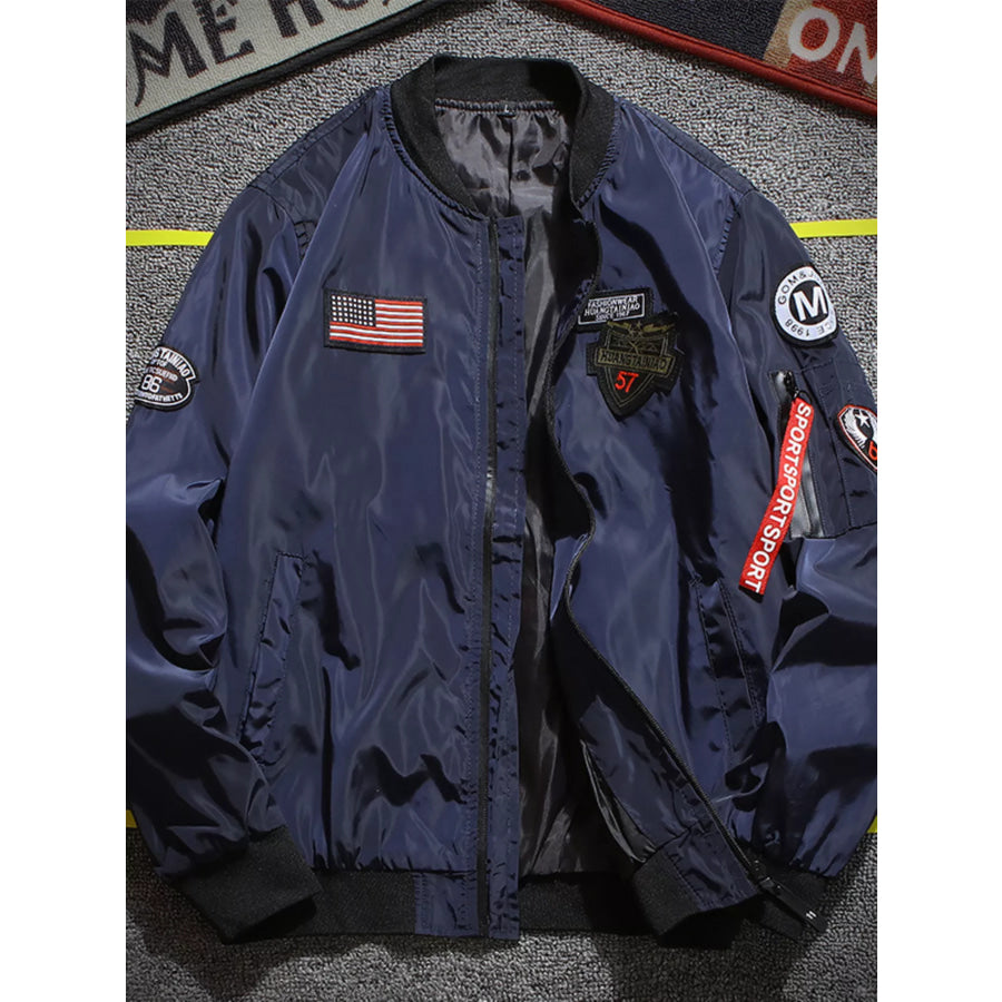 Men’s Plus Size Military-Inspired Patched Bomber Jacket Dark Blue / M Apparel and Accessories