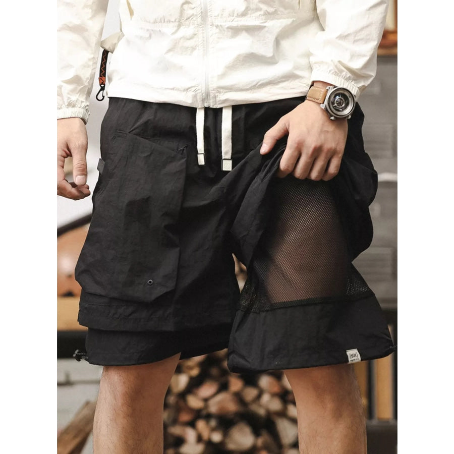 Men’s Plus Size Multiple Pocket Layered Cargo Shorts with Drawstring Hem Black / M Apparel and Accessories
