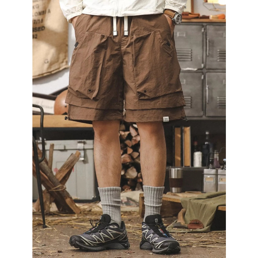 Men’s Plus Size Multiple Pocket Layered Cargo Shorts with Drawstring Hem Brown / M Apparel and Accessories