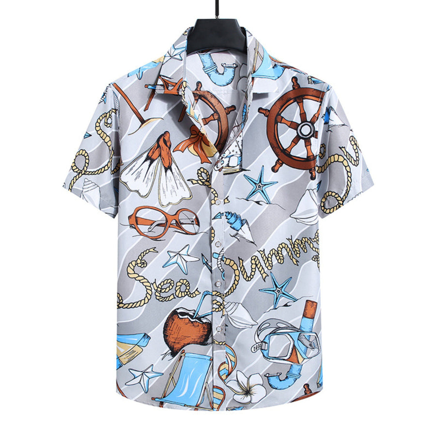 Men’s Plus Size Nautical Print Short Sleeve Casual Shirt Gray / L Apparel and Accessories