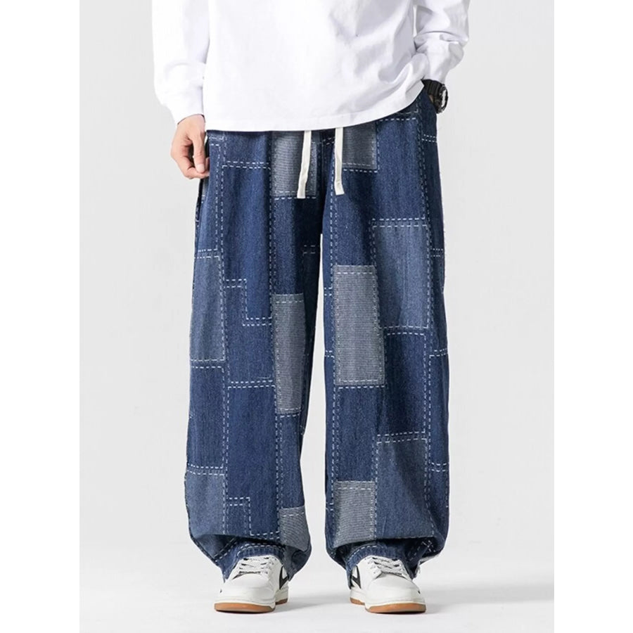 Men’s Plus Size Patchwork Wide Leg Jeans Navy Blue / M Apparel and Accessories