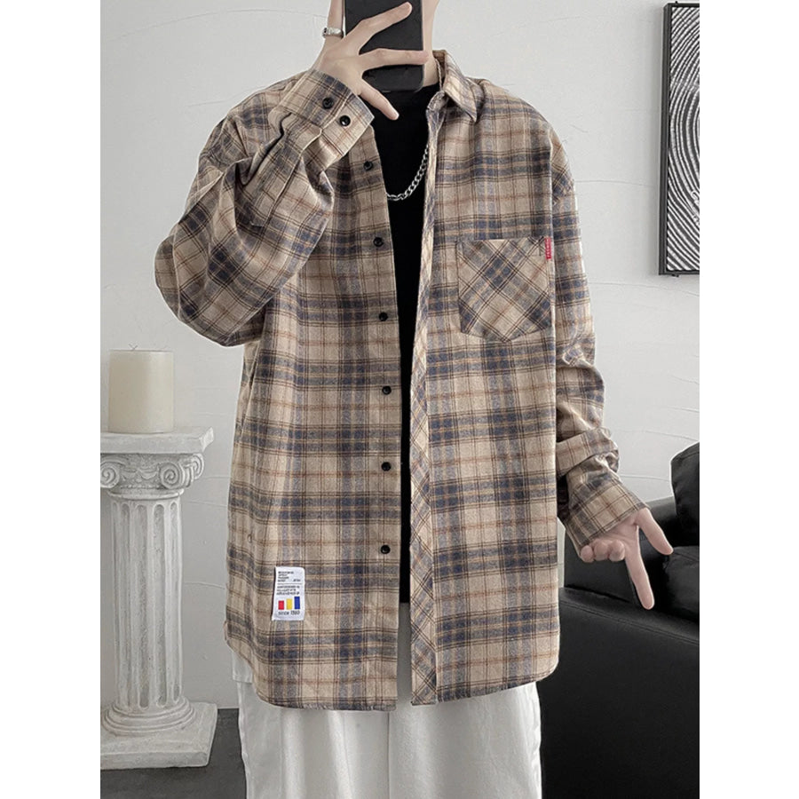 Men’s Plus Size Plaid Button Up Shirt Tan / M Apparel and Accessories